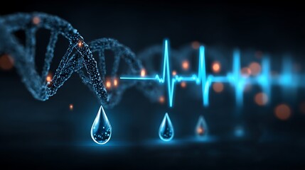 Futuristic abstract medical background with double DNA strands, electronic reception line banner, water drops, heart rhythm icon and wave pattern on gradient blue backdrop