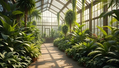 Greenhouse interior with lush tropical plants and sunlight