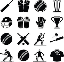 Sporting elements for a cricket game, designed with a cohesive set of icons, perfect for representing the sport in various digital and print formats.