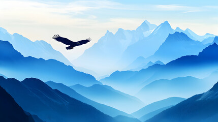 Eagle Flight Over Blue Mountain Ranges Serene landscape with a silhouette of an eagle soaring above layered blue mountains creating a peaceful vista nature scenic freedom wild adventure