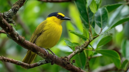 Fototapeta premium colorful bird perched on tree branch in dense green foliage