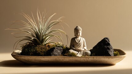miniature zen garden with buddha statue moss and lava rocks
