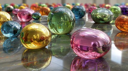 colorful glass blobs on reflective floor with soft abstract lighting