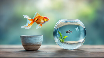 Goldfish leaping out of a bowl, towards a round aquarium