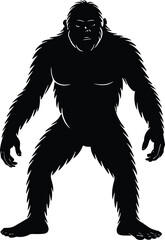 Bigfoot Silhouette Vector in Forest Landscape, Sasquatch Clipart Design – Mythical Creature Illustration, Forest Monster Bigfoot SVG – Outdoor Adventure Design, Retro Bigfoot Design – Mountain Camping
