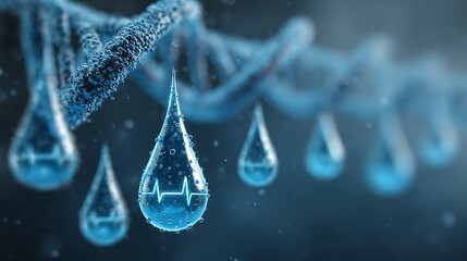 Futuristic abstract medical background with double DNA strands, electronic reception line banner, water drops, heart rhythm icon and wave pattern on gradient blue backdrop