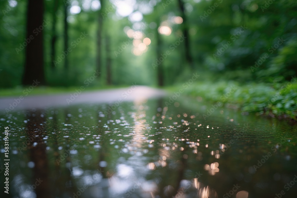 Poster close-up of lightning reflection dancing off puddles on forest path after thunderstorm