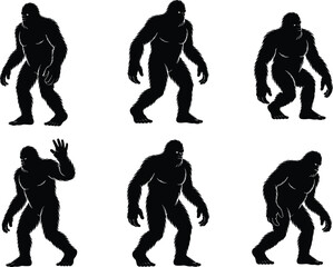 Bigfoot Silhouette Vector in Forest Landscape, Sasquatch Clipart Design – Mythical Creature Illustration, Forest Monster Bigfoot SVG – Outdoor Adventure Design, Retro Bigfoot Design – Mountain Camping