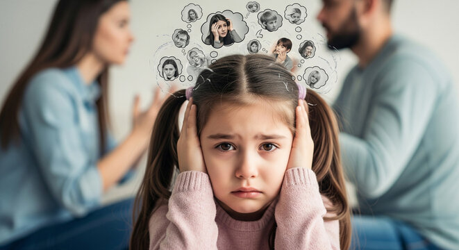 Worried upset girl covers her ears during a quarrel between her parents. Confused thoughts in her head. Mental state stress, anxiety, depression. Parents in the background