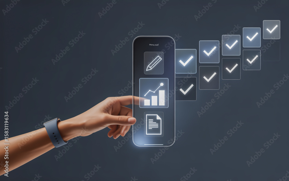 Poster efficient digital task management hand interacting with virtual business interface for performance a