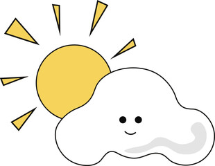 Cute cartoon-style vector illustration of a smiling cloud partially covering the sun, with yellow rays radiating outward.