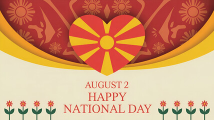 North Macedonia Republic Day greeting banner. 2 August Happy National Day. Festive horizontal templates in flag colors,heart shape flag of north mecedonia