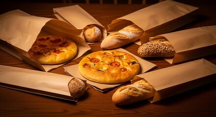 Assortment of freshly baked breads and focaccia in paper bags on a wooden table