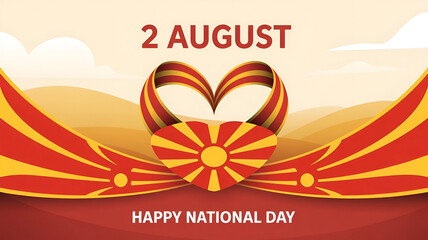 North Macedonia Republic Day greeting banner. 2 August Happy National Day. Festive horizontal templates in flag colors,heart shape flag of north mecedonia