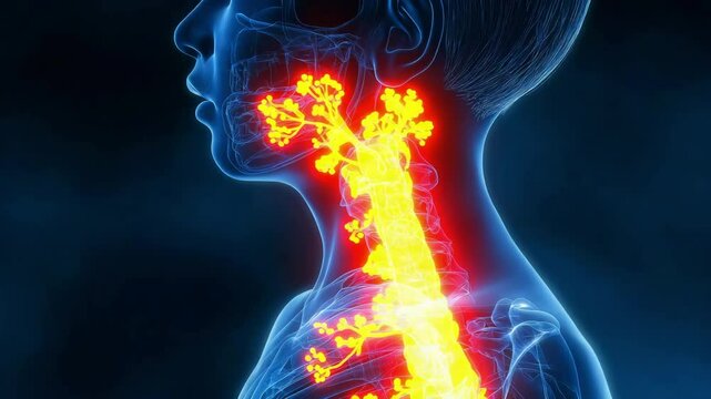 A medical illustration of a youngster having a food allergy reaction that shows airway and throat inflammation and constriction