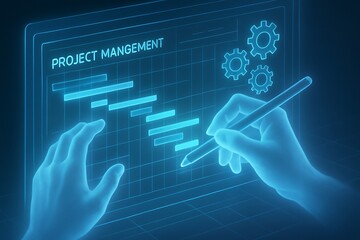 Futuristic project management system with digital gantt chart and data analysis, business strategy and planning with neon lights, digital technology