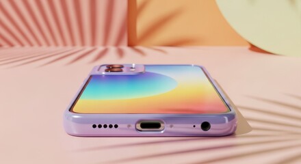 Closeup of a purple phone case on a pastel background