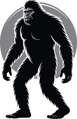 Bigfoot Silhouette Vector in Forest Landscape, Sasquatch Clipart Design – Mythical Creature Illustration, Forest Monster Bigfoot SVG – Outdoor Adventure Design, Retro Bigfoot Design – Mountain Camping