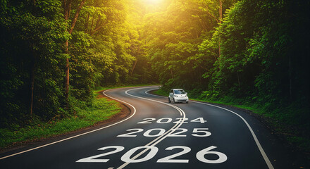 Curving road through lush forest, years 2024, 2025, 2026 painted on asphalt, small car driving forward, symbolizing journey into future