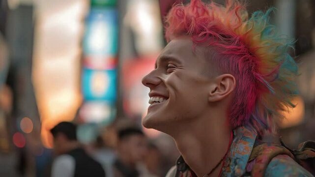 An illustration of a young man with a rainbow-coloured mohawk and bright pink hair