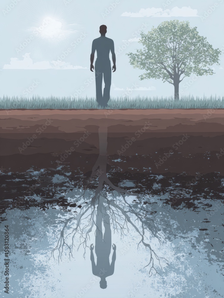 Aufkleber grounding technique representation for ptsd recovery in a serene outdoor setting with reflection in 