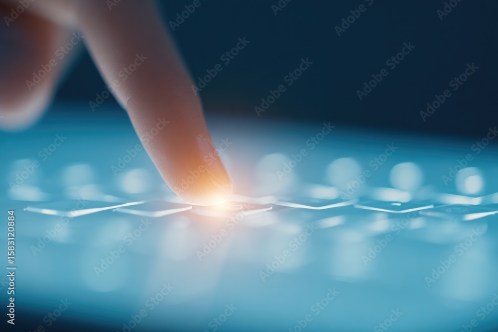 Poster close-up of reaction-time test display on touchscreen tablet with finger poised to tap