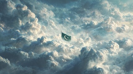 Pakistan Green and White Flag with Cloudy Sky  , 14 August