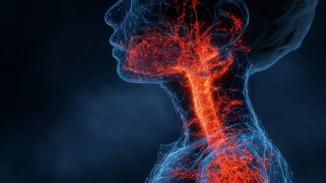A medical illustration of a youngster having a food allergy reaction that shows airway and throat inflammation and constriction