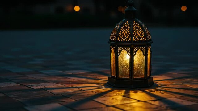 A decorative lantern with an openwork design, illuminated from within, sits on a brick surface at dusk, casting warm light