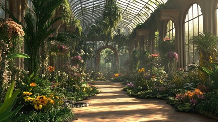 Lush greenhouse walkway