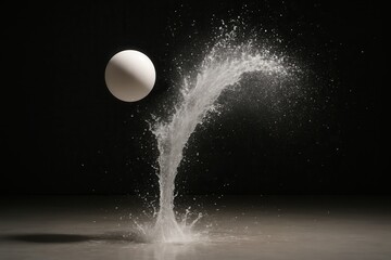 White ball bouncing on water creating splash on black background