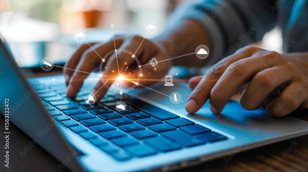 Poster hands typing on laptop keyboard with digital network