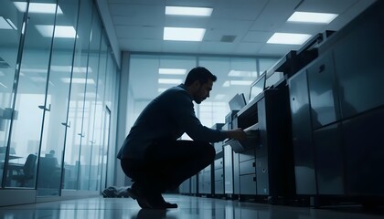 Man fixing printer office equipment maintenance service professional copier technology