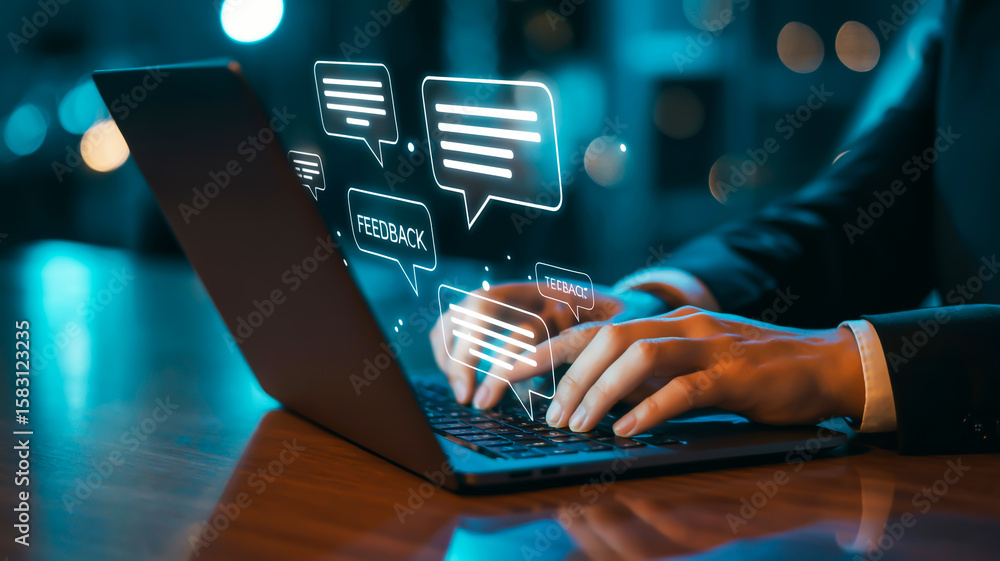 Poster hands typing on laptop with feedback messages computer
