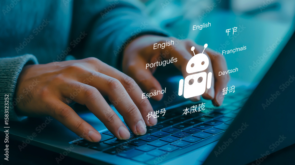 Poster hands typing on laptop with language translation keyboard