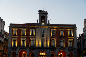 Historic town hall building illuminated at dusk in Zamora, Castilla y Leon, Spain