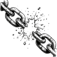 Broken metal chain exploding into pieces, black and white illustration