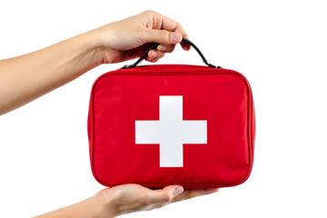 Hands holding a red first aid kit with a white cross isolated on transparent background