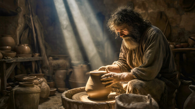 Prophet Jeremiah as a potter shaping clay, biblical metaphor of God's divine sovereignty, artisan's hands molding a handmade vessel on a wheel, Old Testament story of faith, purpose and creation.
