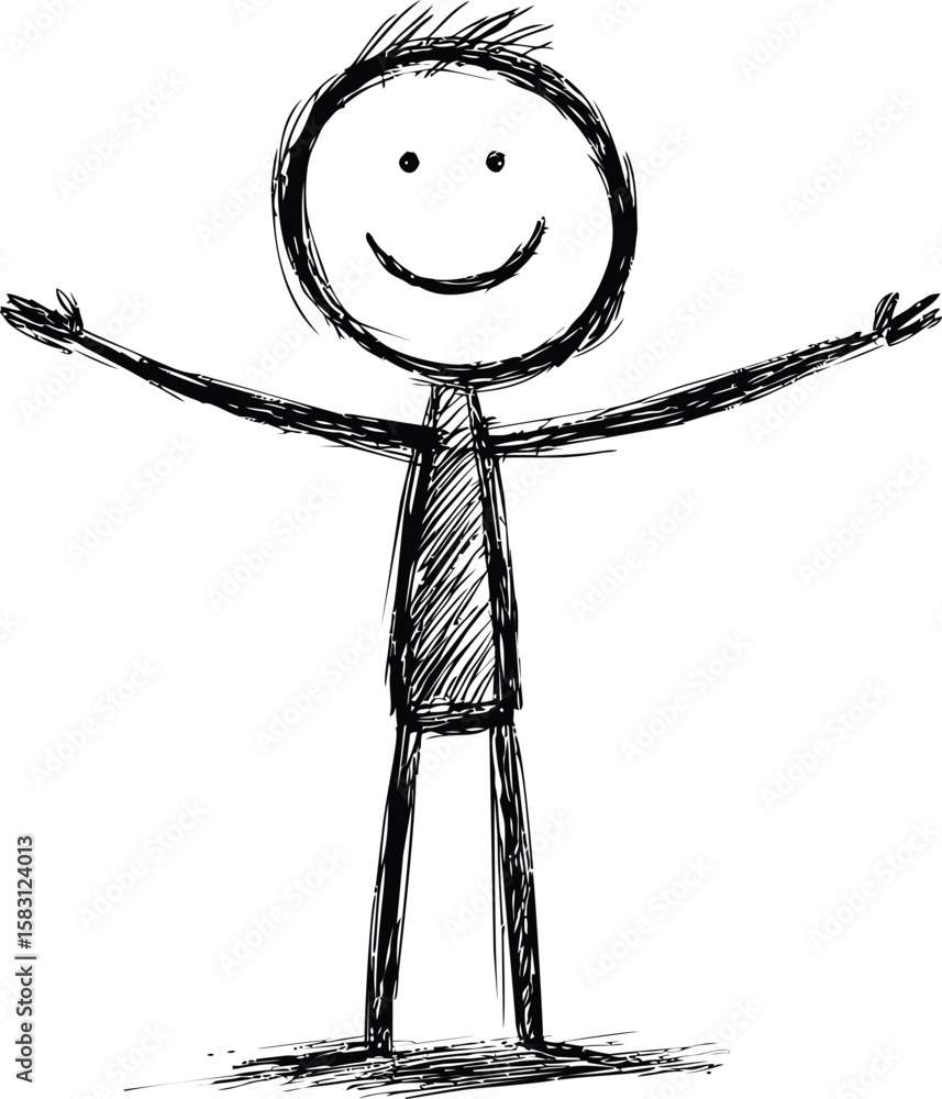 Poster simple stick figure sketch with open arms and smiling expression