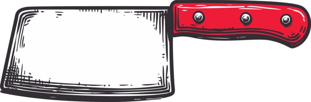 Illustration of a butcher cleaver with a red handle and rivets, vintage style