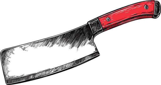 Hand-drawn butcher cleaver with red handle sketch illustration