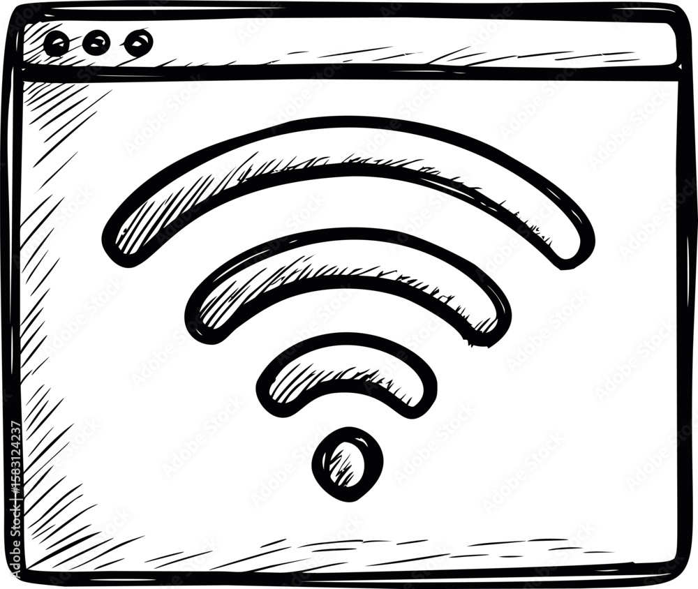 Poster wifi symbol drawn in black and white sketch style with window interface