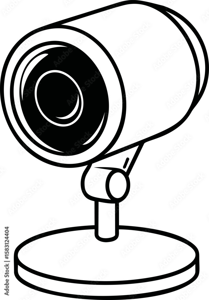 Poster outline illustration of a desktop camera on a stand in a simple black and white style