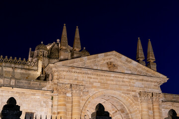 Stunning architectural details of Zamora Cathedral illuminated at night in Castilla y Leon, Spain