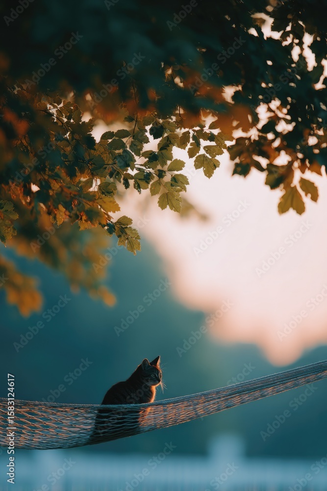 Poster drone view of cat perched on hammock beneath tree canopy in backyard
