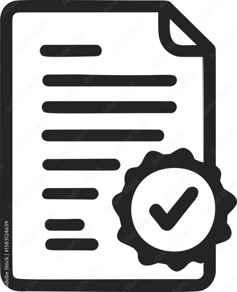 Poster certificate icon with a checkmark inside a circular seal in black and white