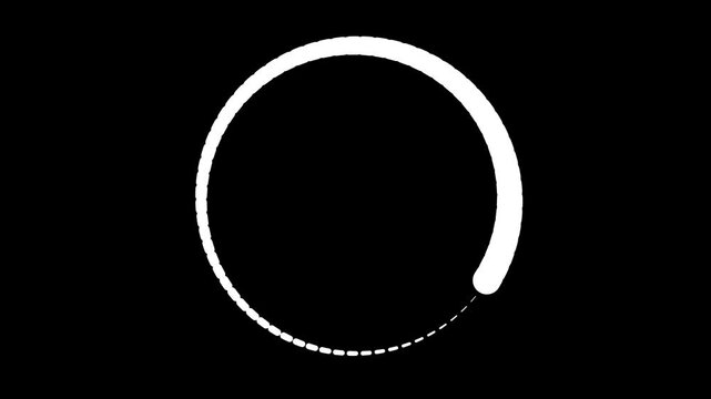 Loading circle animation. Percentage display showing process on black screen. Abstract animation of a white semi-circle composed of dotted lines against a black background.