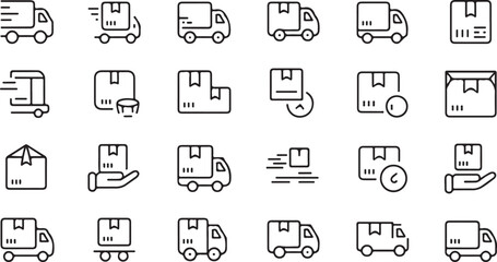 Obraz premium Delivery Truck Icons Set Black Line Art Package Shipping Transportation Symbols Collection