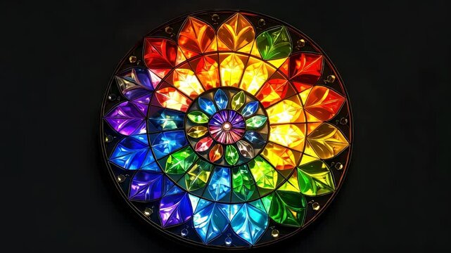 Colorful stained glass with intricate leaf pattern and circular design featuring vibrant light reflection in artistic decorative display